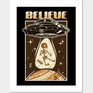 BELIEVE Retro UFO Abduction Design Posters and Art